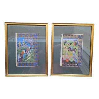 Royal Hunt, 1750, Manuscript Leaves, Framed, Set of 2 For Sale