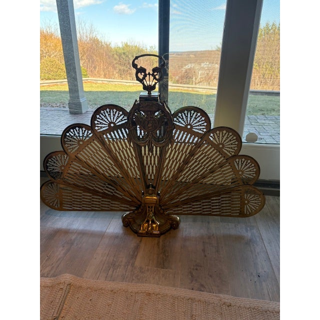 Metal Peacock Brass Fireplace Screen For Sale - Image 7 of 9