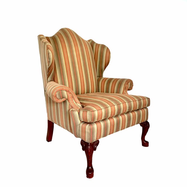 Late 20th Century Pair of Vintage Queen Anne Style Wingback Club Chairs With Striped Upholstery For Sale - Image 5 of 7