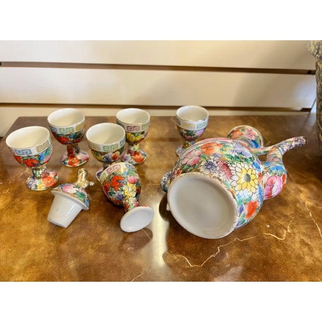 Ceramic Mid 20th Century Arabic Floral Chinese Mille Fleur Wine Set- 7 Pieces For Sale - Image 7 of 8