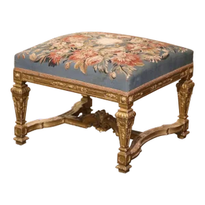 19th Century French Louis XIV Carved Giltwood Stool With Aubusson Tapestry