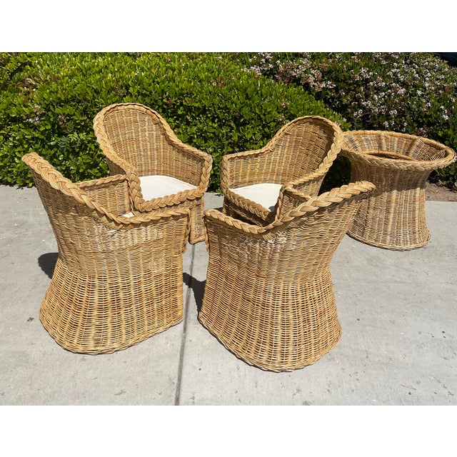 Wood Vintage Woven Rattan Wicker Dining Set, Coastal Style With Braided Trim After Bielecky Brothers For Sale - Image 7 of 17