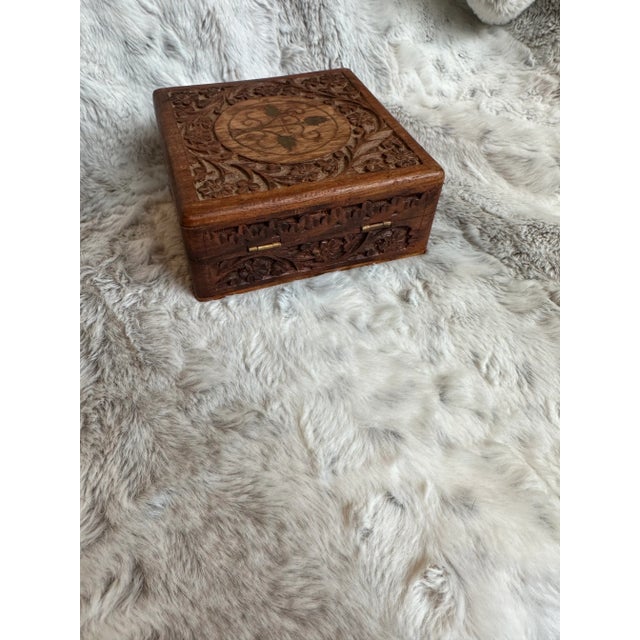 Brown Hand Carved Wood Box With Brass Inlay For Sale - Image 8 of 12