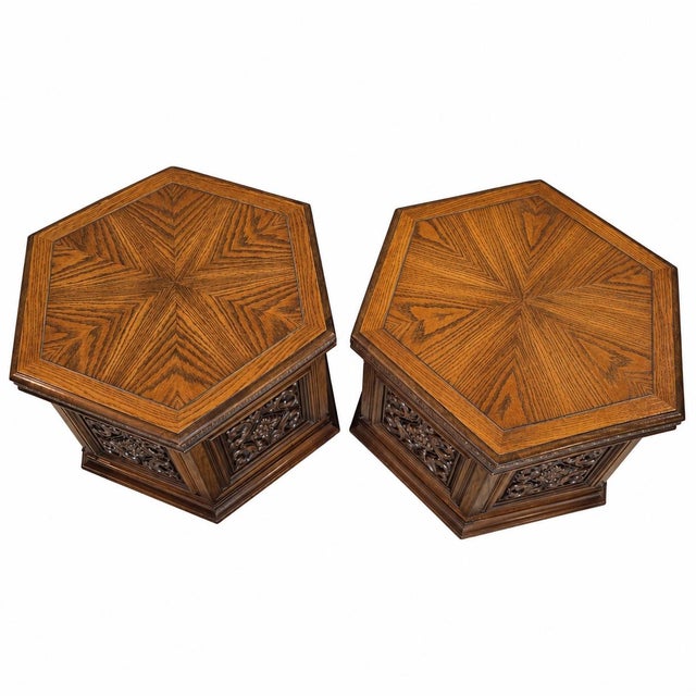 Lane Furniture Vintage 1970s Lane Furniture Carved Hexagonal Parquet Storage End Tables, Pair For Sale - Image 4 of 11
