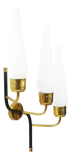 Italian 3-Light Wall Lamp in Opaline Glass, Black Metal and Brass, 1950s