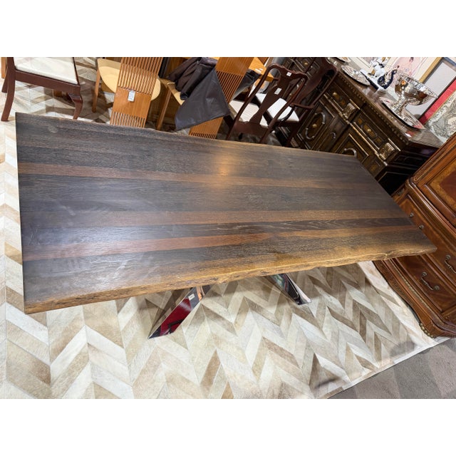 Wood Live Edge Top and Chrome Base Dining Table For Sale - Image 7 of 7