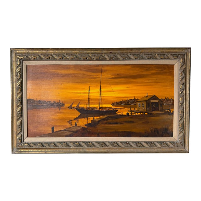 1970’s Charles Stepule Sunset Harbor Scene Oil on Canvas Painting, Wood Framed For Sale