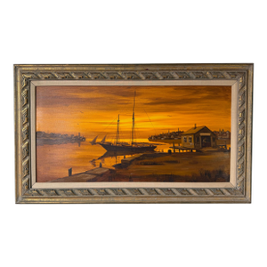 1970’s Charles Stepule Sunset Harbor Scene Oil on Canvas Painting, Wood Framed