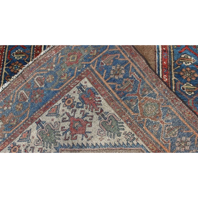 Textile Antique Persian Serab Rug With Stretched Tribal Medallion in Camel, Blue & Ivory 3'5 X 6'3 For Sale - Image 7 of 7