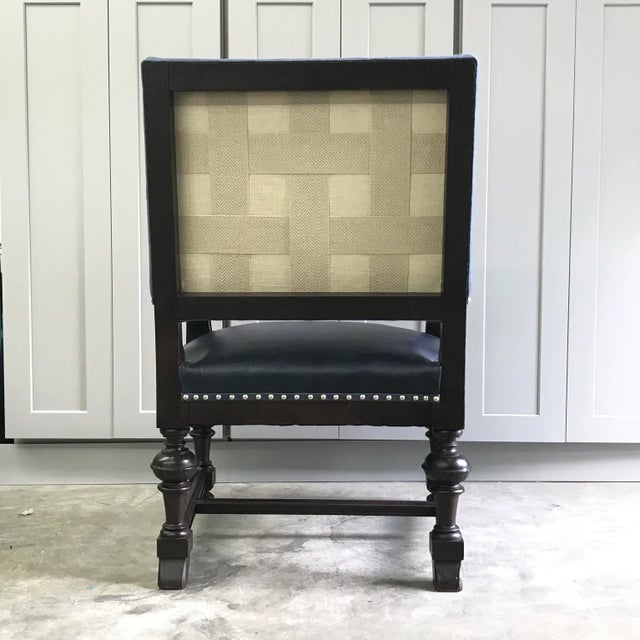 Early 20th Century 1920s Oak Leather Linen Armchair Reupholstered For Sale - Image 5 of 12