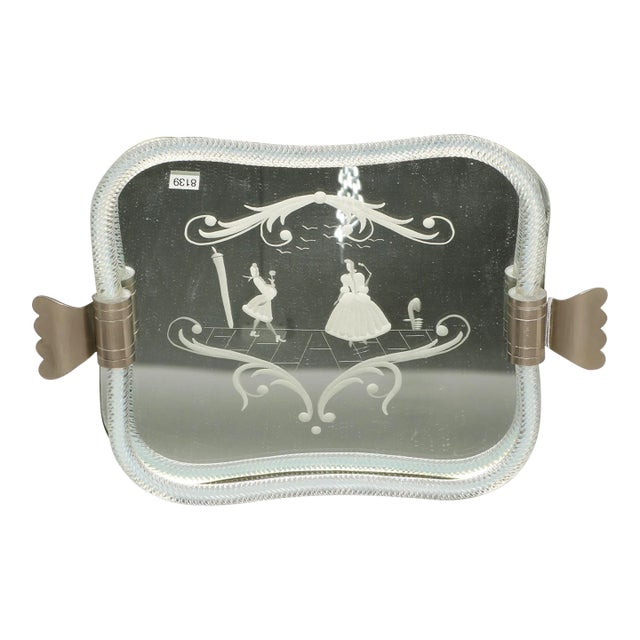 1930s Venetian Mirrored Glass Tray With Silver Plate Handles For Sale