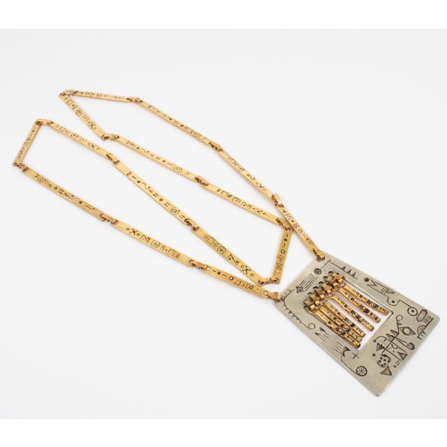 Metal Modernist Brass and Silvered Metal Hieroglyph Ethnic Graffiti Necklace For Sale - Image 7 of 10