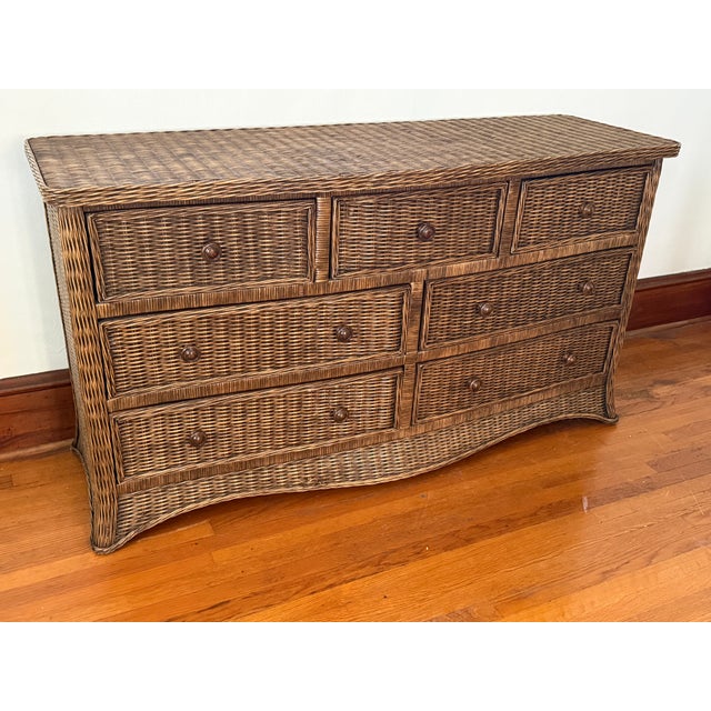 Chocolate Late 20th Century Coastal Skirted Bow Front Wicker Rattan Seven Drawer Dresser For Sale - Image 8 of 14
