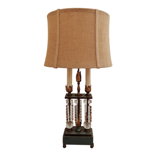 Vintage Tall French Style Sage Accent Crystal Lamp With Burlap Shade For Sale