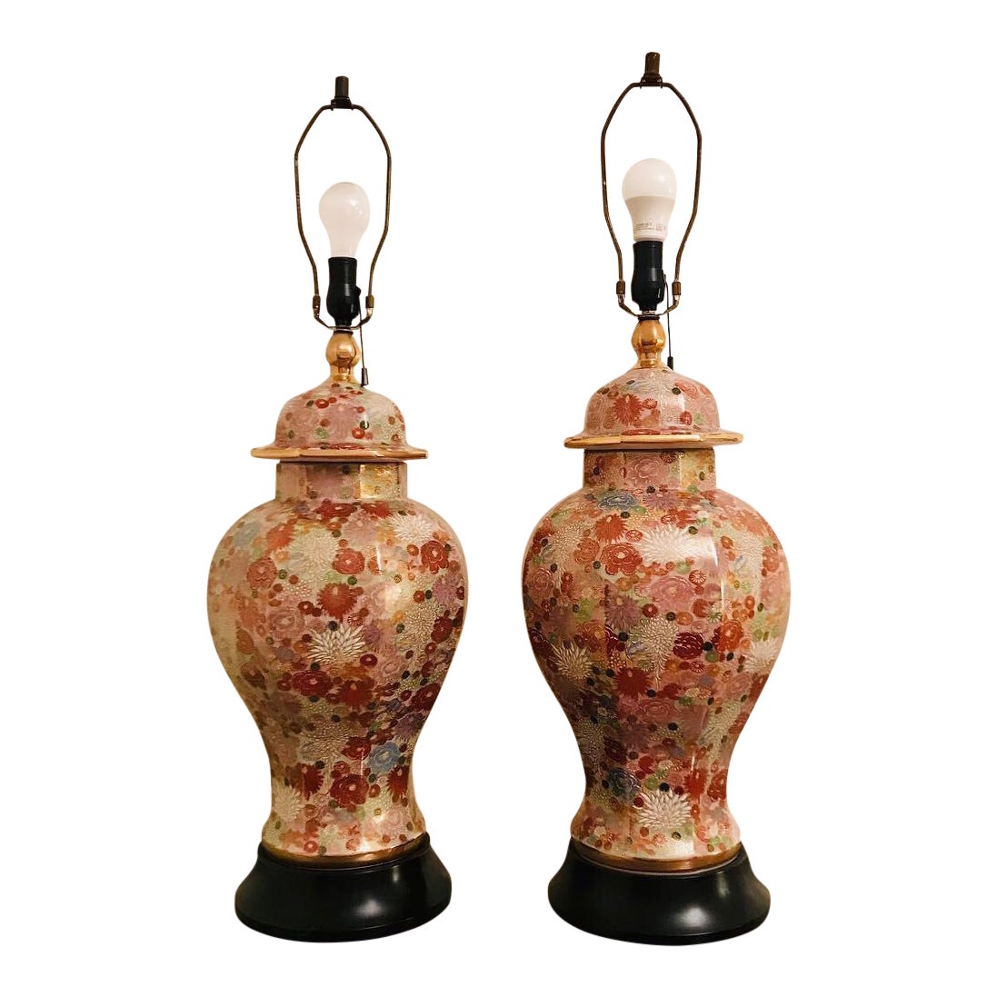 MidCentury Gold Floral Eastern Ginger Jar Lamps a Pair Chairish