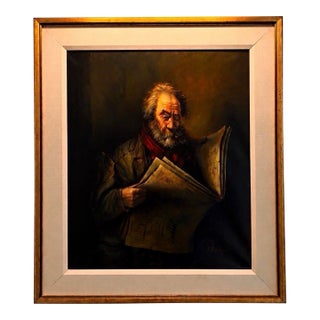 Mid 20th Century Signed A. Falke Oil Portrait of Man Reading Newspaper, Framed For Sale