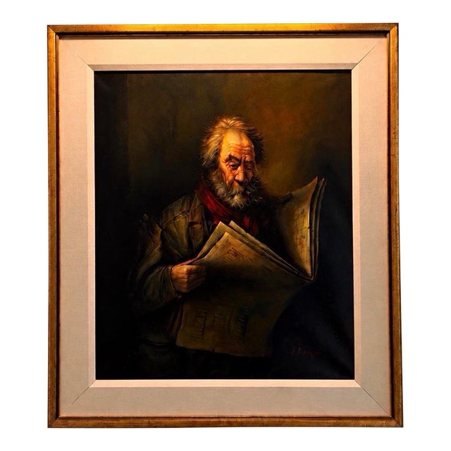 Mid 20th Century Signed A. Falke Oil Portrait of Man Reading Newspaper, Framed For Sale