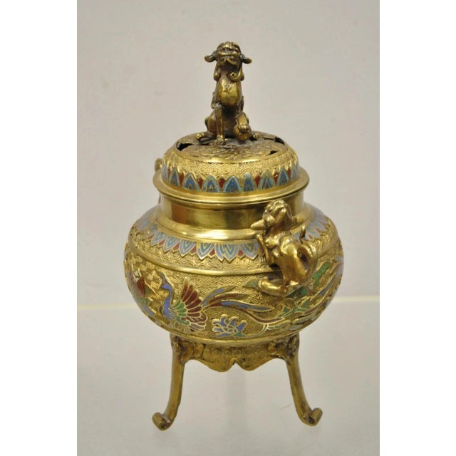 Vintage Japanese Cloisonne Enamel Champleve Bronze Foo Dog Incense Burner. Item features lid with seated foo dog,...