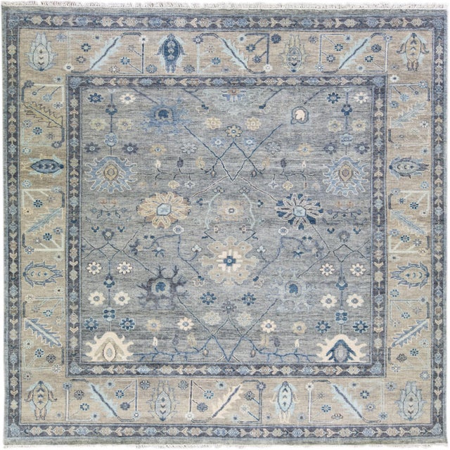 Modern Gray Oushak Style Handmade Floral Motif Square Wool Rug For Sale - Image 10 of 10