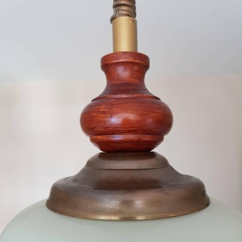 Gold Special Pendant Light Lamp with Wood Handle & Opaline Glass For Sale - Image 8 of 11