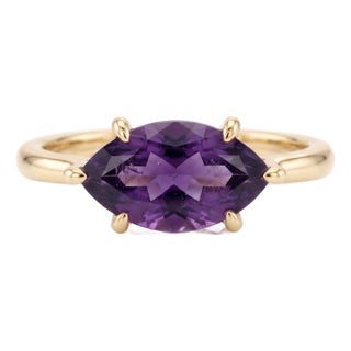 Natural Amethyst Solitaire Ring | Marquise Cut Purple Gemstone Ring | Dainty February Birthstone Ring, Size 7 For Sale