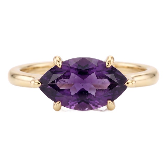 Natural Amethyst Solitaire Ring | Marquise Cut Purple Gemstone Ring | Dainty February Birthstone Ring, Size 7 For Sale
