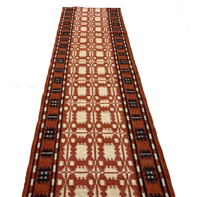 Textile Handmade New Zealand Wool Dhurrie Runner, Terracotta, Cream and Brown Geometric Dhurrie Runner - 2.5'x21.5' For Sale - Image 7 of 14