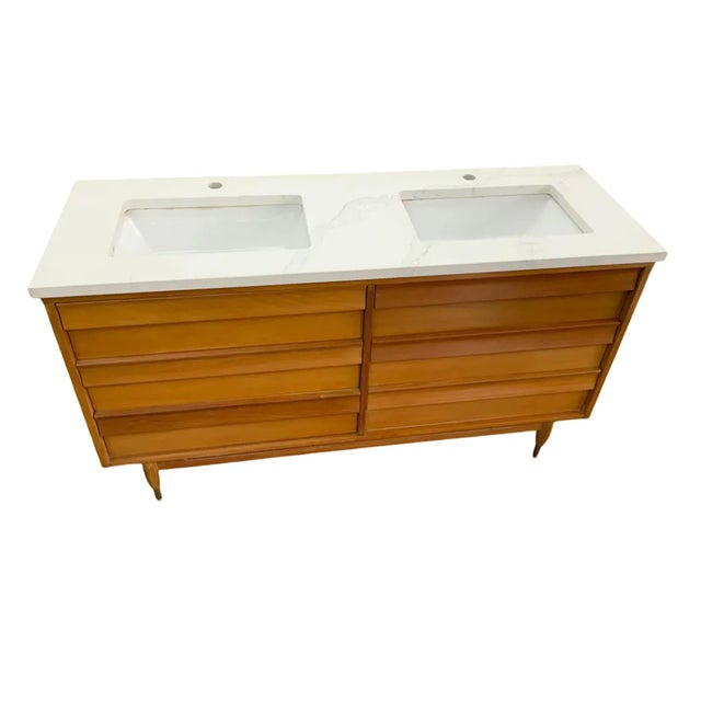1960s Mid-Century Modern Walnut Double-Sink Bathroom Vanity With White Top For Sale - Image 5 of 6