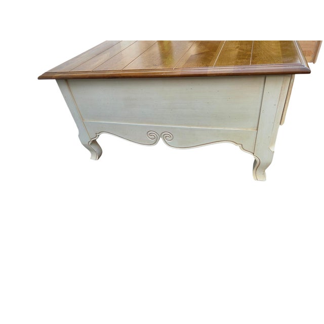 1990s Vintage Ethan Allen French Country Coffee Table 4 Drawer Map Chest Distressed For Sale - Image 5 of 11