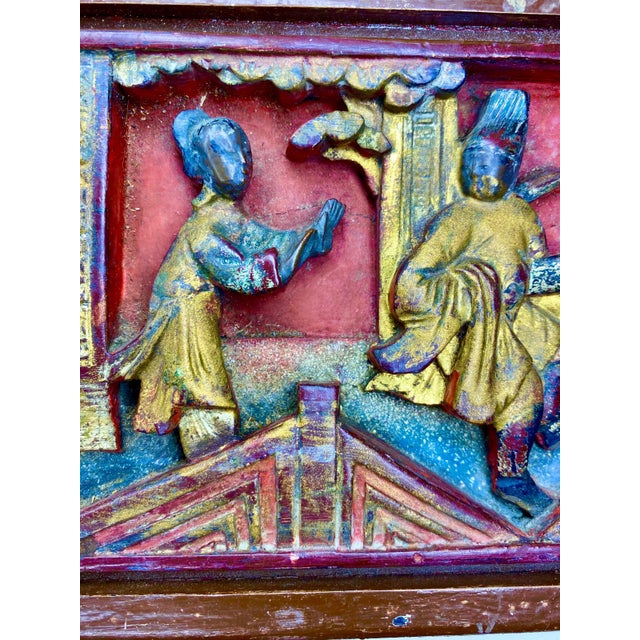 Rare Set of 3 Antique Chinese Gilt Wood Carved Panels | Qing Dynasty Chinoiserie Wall Art For Sale - Image 13 of 17