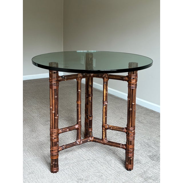 McGuire Vintage McGuire Bamboo Rattan Round Glass Top Side / Center Table For Sale - Image 4 of 6