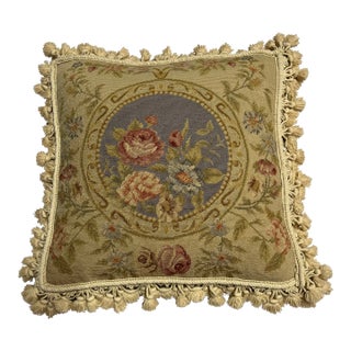 Late 20th Century Wool Needlepoint Floral Pillow With Cotton Fringe For Sale