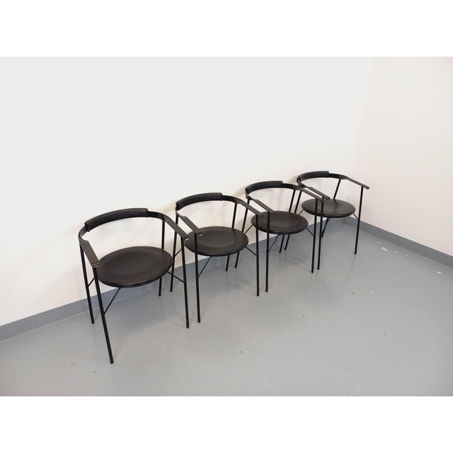 Vintage Italian Armchairs in Black Metal and Black Imitation Leather, 1980s, Set of 4 For Sale - Image 6 of 18
