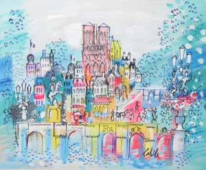 Bridge and Notre Dame, Charles Cobelle Acrylic on Canvas Painting