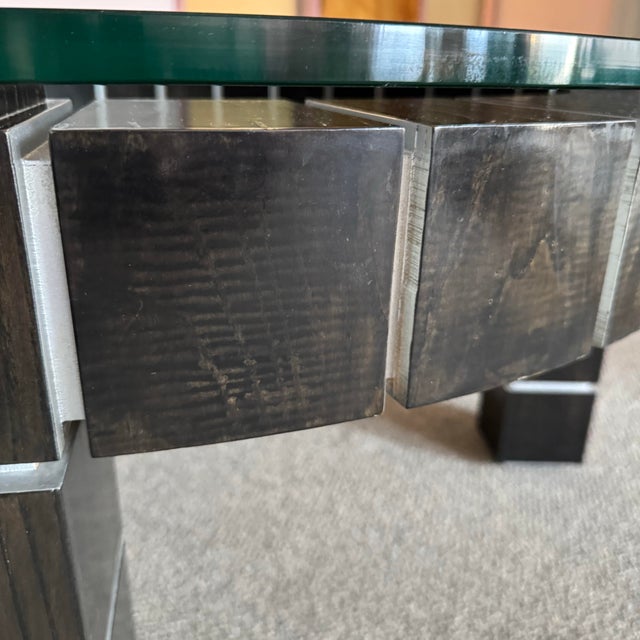 Vintage Postmodern Dark Wood Block and Glass Circular Coffee Table For Sale - Image 10 of 12