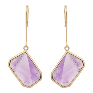 18k Solid Yellow Gold Octagon Cut Amethyst Dangle Earrings - 2 Pieces For Sale