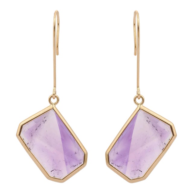 18k Solid Yellow Gold Octagon Cut Amethyst Dangle Earrings - 2 Pieces For Sale