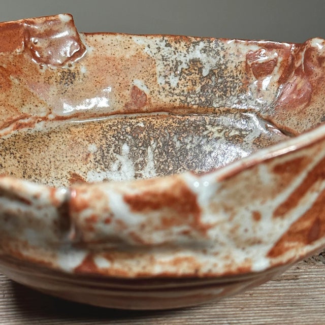 Contemporary Vintage Brutalist Shino Glazed Hand Built Ceramic Serving Bowl/Organic Modern For Sale - Image 3 of 8