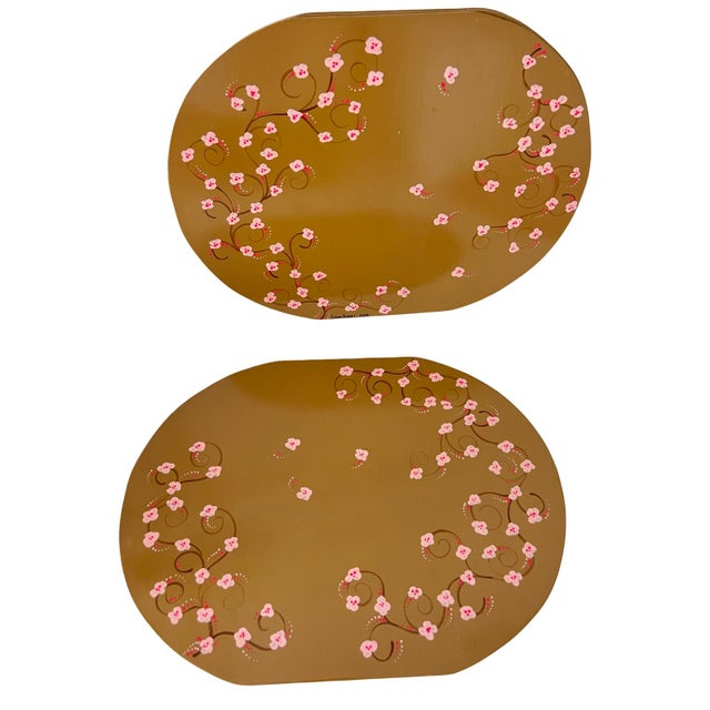 Vintage Whimsical Hand-Painted Cherry Blossom Placemats, Mixed Blush & Bronze, Set of 7 For Sale In Miami - Image 6 of 12