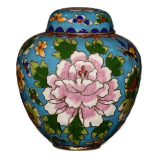 Vintage Cloisonné Enamel Ginger Jar With Peony Motif - Blue Ground For Sale
