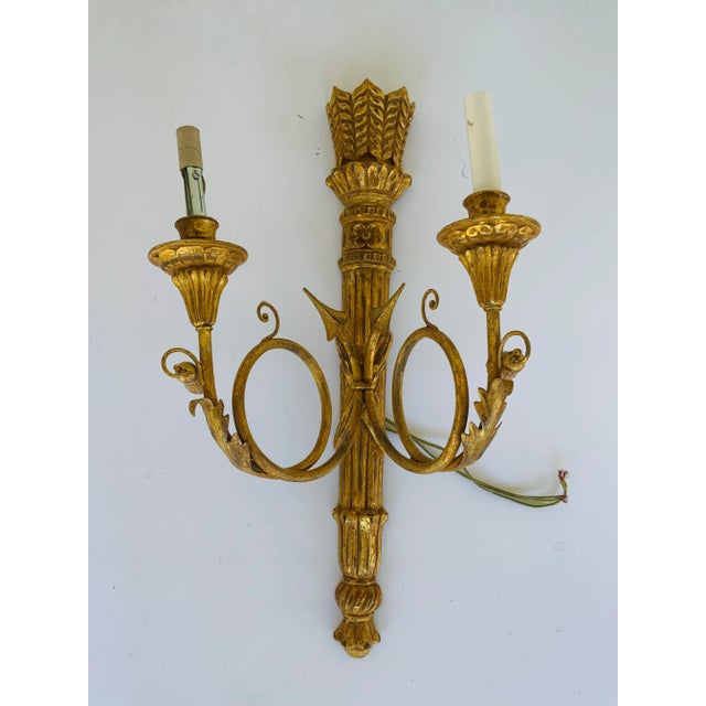 Original Retail $3896, elegant Myran Allan Luxury Lighting Italian Carved Wood Gold Wall Sconces Pair, showroom floor samples