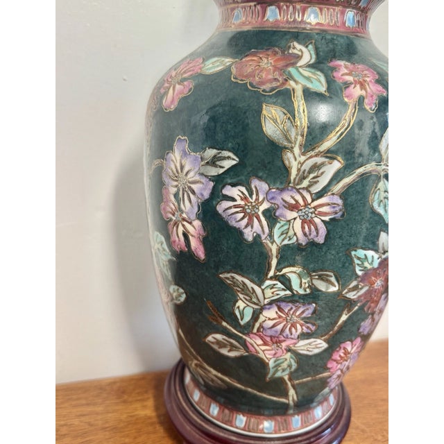 Vintage Asian Floral Cloisonne Style Ceramic Ginger Jar Table Lamp Hand Painted For Sale - Image 10 of 15