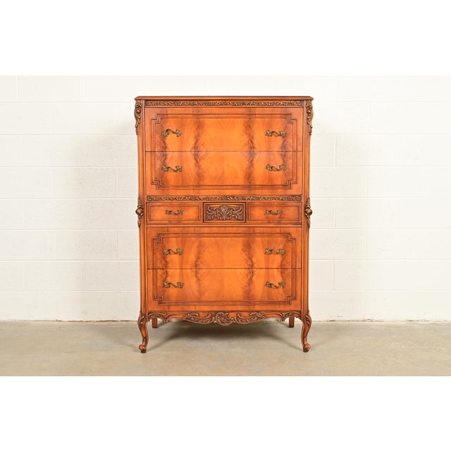 Romweber Style Antique French Provincial Louis XV Carved Satinwood and Burl Wood Highboy Dresser, Circa 1920s For Sale - Image 12 of 12