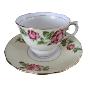 1940s Colclough Tea Cup and Saucer in Soft Yellow and Ivory With Variegated Roses, Gold Trim- 2 Pieces