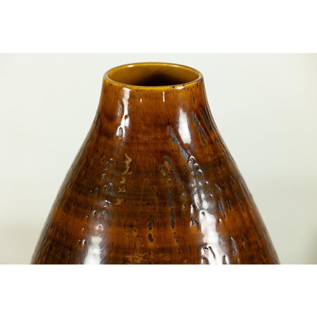 Amber Large Artisan Ceramic Vase with Textured Amber-Brown Glaze and Teardrop Form For Sale - Image 8 of 18