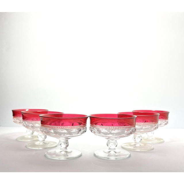 Tiffin-Franciscan “King’s Crown” 6 Cranberry Red Coupe Champagne Glasses 3” 8oz Good vintage condition. No chips, cracks,...