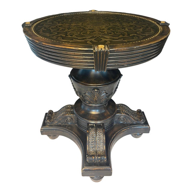 Late 20th Century Hollywood Regency Neoclassical Pedestal Accent Table With Gilt Marquetry & Glass Top For Sale