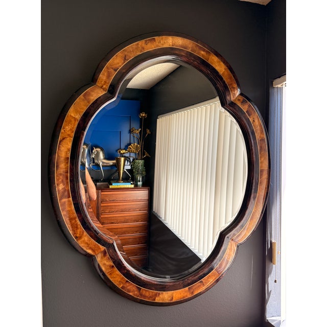 Tessellated polished horn and penshell scalloped wall mirror with brass trim in the manner of Maitland Smith. Can be hang...
