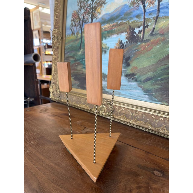 Mid-Century Modern Possibly Teak and Twisted Metal Triple Candle Holder With Geometric Base For Sale In Seattle - Image 6 of 10