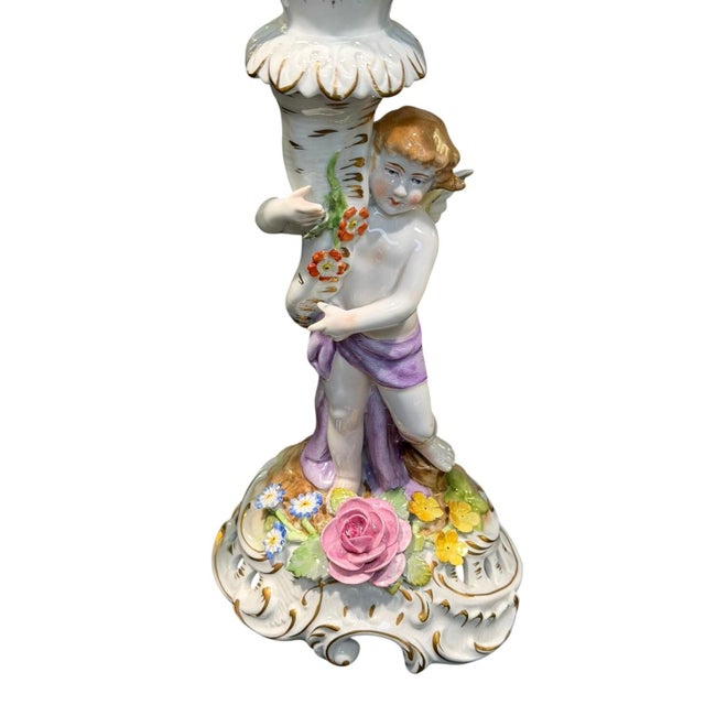 Antique Von Schierholz Germany Hand Painted Porcelain Cherub 2-Light Candelabra For Sale - Image 11 of 15